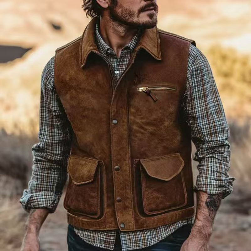 Leather Work Vest - Retro masculino cardigan na moda colete